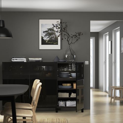 IKEA - BESTA, storage combination, black-brown/high-gloss/black, 180x42x112 cm