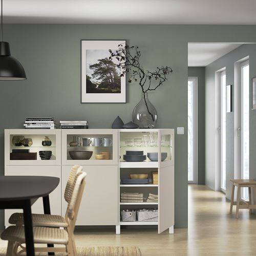 IKEA - BESTA, storage combination, white/light grey/beige/transparent glass, 180x42x112 cm