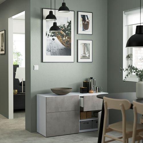 IKEA - BESTA, storage combination, white-light grey concrete effect, 120x42x65 cm