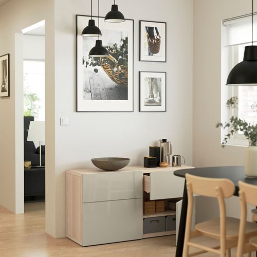 IKEA - BESTA, storage combination, white stained oak effect/high-gloss/beige, 120x42x65 cm