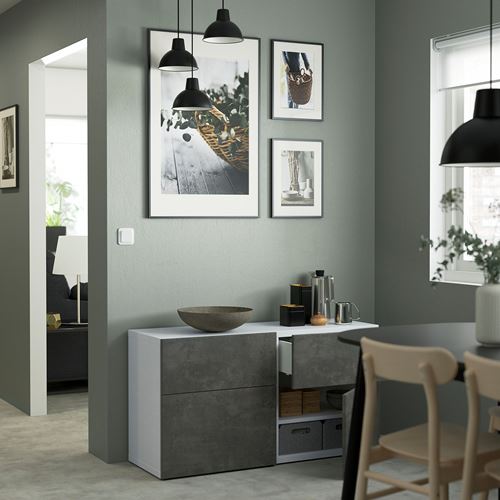 IKEA - BESTA, storage combination, white/dark grey concrete effect, 120x42x65 cm