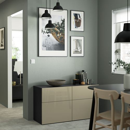 IKEA - BESTA, storage combination, black-brown/high-gloss/beige, 120x42x65 cm