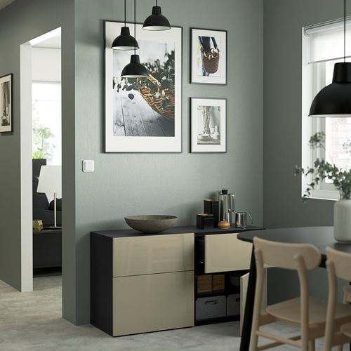 IKEA - BESTA, storage combination, black-brown/high-gloss/beige, 120x42x65 cm