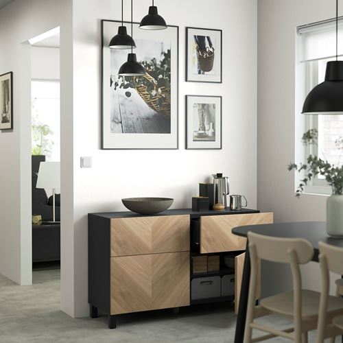 IKEA - BESTA, storage combination, black-brown/oak veneer, 120x42x74 cm