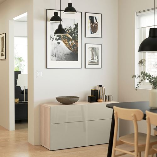 IKEA - BESTA, storage combination, white stained oak effect/high-gloss/beige, 120x42x65 cm