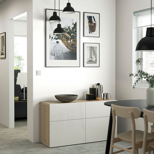 IKEA - BESTA, storage combination, white stained oak effect/high-gloss/white, 120x42x65 cm