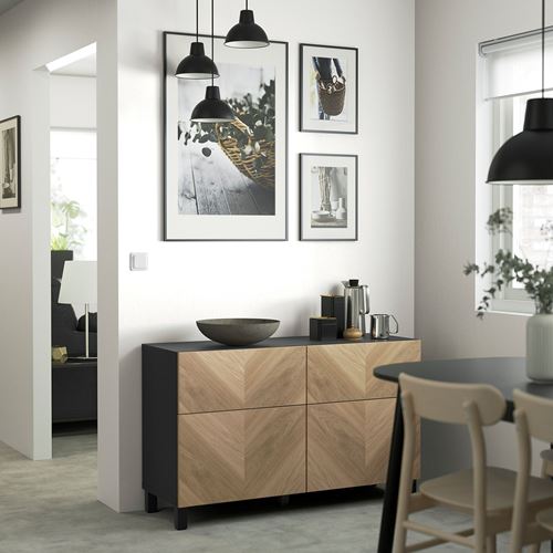 IKEA - BESTA, storage combination, black-brown/oak veneer, 120x42x74 cm