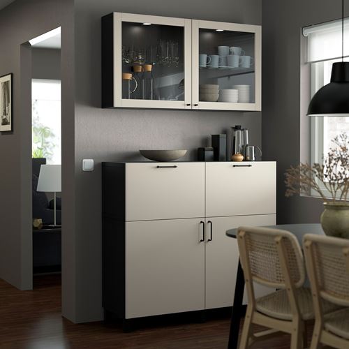 IKEA - BESTA, storage combination, black-brown/light grey/beige/transparent glass, 120x42x213 cm