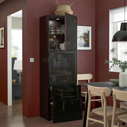 IKEA - BESTA, storage combination, black-brown/high-gloss/black/smoked glass, 60x42x193 cm