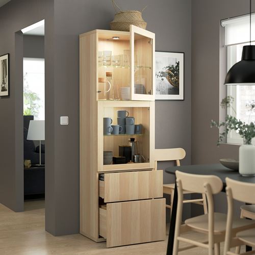 IKEA - BESTA, storage combination, white stained oak effect/white stained oak eff/clear glass, 60x42x192 cm