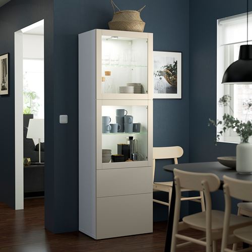 IKEA - BESTA, storage combination, white/light grey/beige/transparent glass, 60x42x193 cm