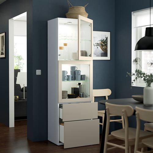 IKEA - BESTA, storage combination, white/light grey/beige/transparent glass, 60x42x193 cm