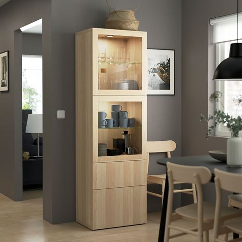 IKEA - BESTA, storage combination, white stained oak effect/white stained oak eff/clear glass, 60x42x193 cm