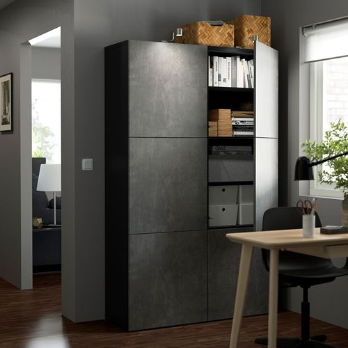 IKEA - BESTA, storage combination, black-brown/dark grey concrete effect, 120x40x192 cm