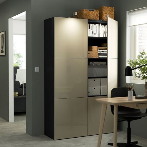 IKEA - BESTA, storage combination, black-brown/high-gloss/beige, 120x40x192 cm