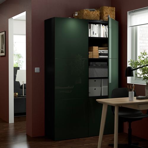 IKEA - BESTA, storage combination, black-brown/high-gloss/dark olive-green, 120x42x193 cm