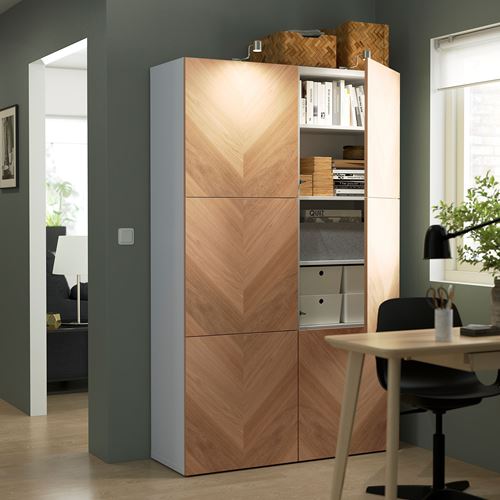 IKEA - BESTA, storage combination, white/oak veneer, 120x42x193 cm