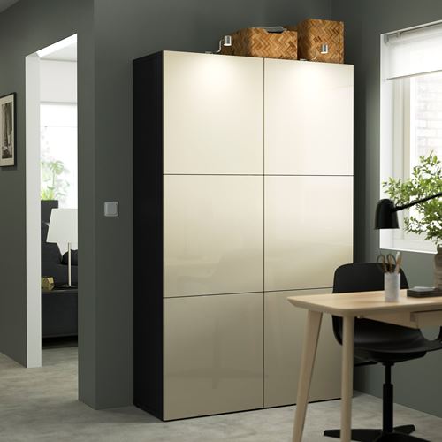 IKEA - BESTA, storage combination, black-brown/high-gloss/beige, 120x40x192 cm