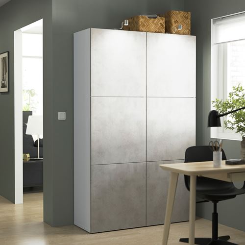 IKEA - BESTA, storage combination, white-light grey concrete effect, 120x42x193 cm