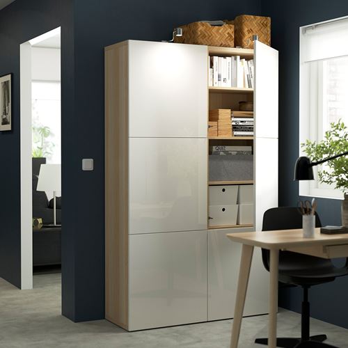 IKEA - BESTA, storage combination, white stained oak effect/high-gloss/white, 120x40x192 cm