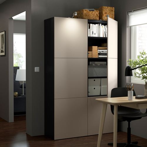 IKEA - BESTA, storage combination, black-brown/light grey/beige, 120x42x193 cm