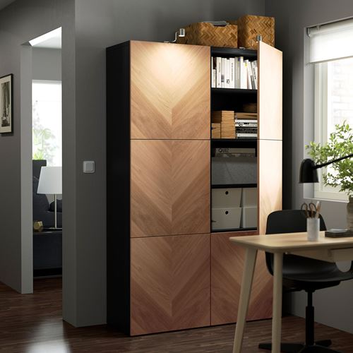 IKEA - BESTA, storage combination, black-brown/oak veneer, 120x42x193 cm