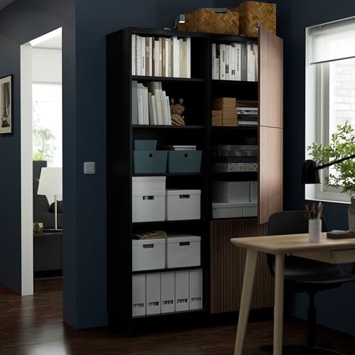 IKEA - BESTA, bookcase with door, black-brown/brown oak veneer, 120x42x202 cm