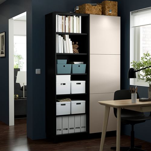 IKEA - BESTA, bookcase with door, black-brown/light grey/beige, 120x42x202 cm