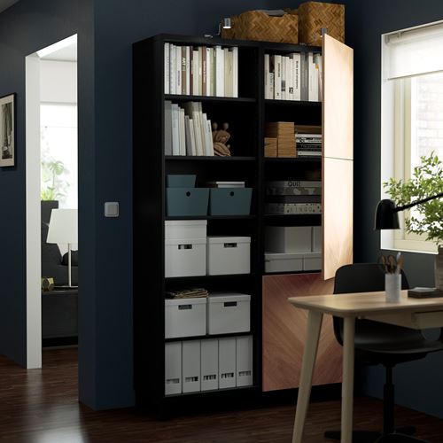 IKEA - BESTA, bookcase with door, black-brown/oak veneer, 120x42x202 cm