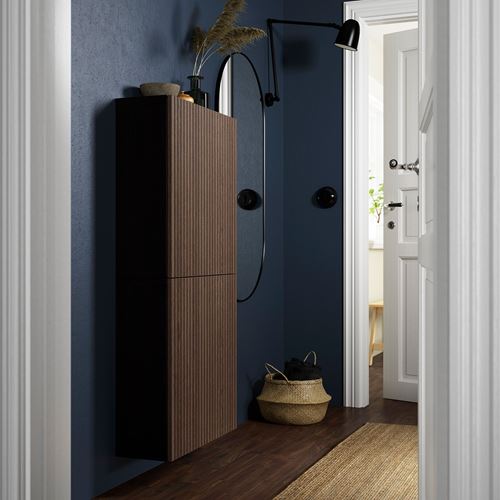 IKEA - BESTA, wall cabinet, black-brown/brown oak veneer, 60x22x128 cm