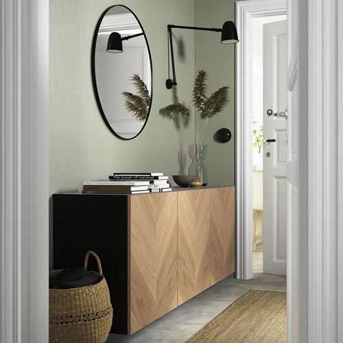 IKEA - BESTA, wall cabinet, black-brown/oak veneer, 180x42x64 cm