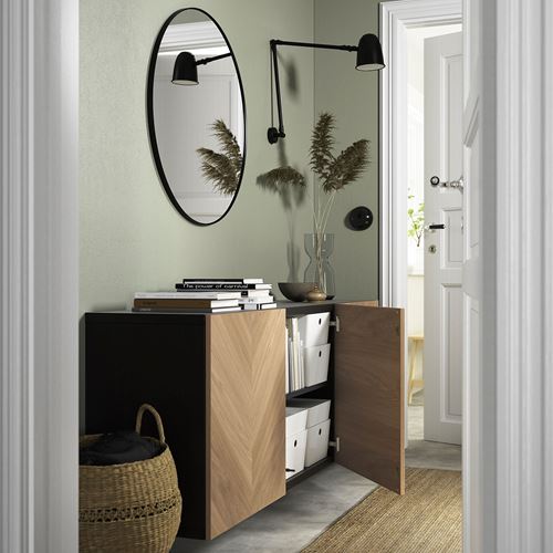 IKEA - BESTA, wall cabinet, black-brown/oak veneer, 180x42x64 cm