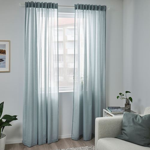 IKEA - HILJA, background curtain, 1 pair, light grey-turquoise, 145x300 cm