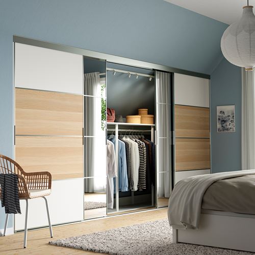 IKEA - SKYTTA/MEHAMN/AULI, sliding door for walk-in wardrobe, mirrored glass-bleached oak veneer, 401x205 cm