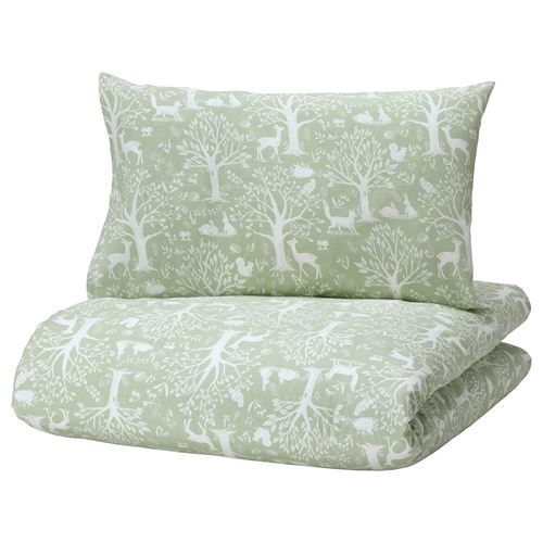 IKEA - TROLLDOM, quilt cover/pillowcase for cot, green/white, 110x125/35x55 cm