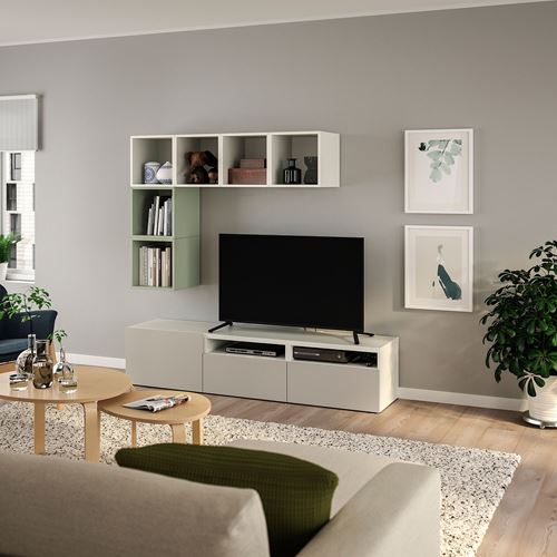 IKEA - BESTA/EKET, tv ünitesi, beyaz-açık yeşil-açık gri-bej, 180x40x170 cm