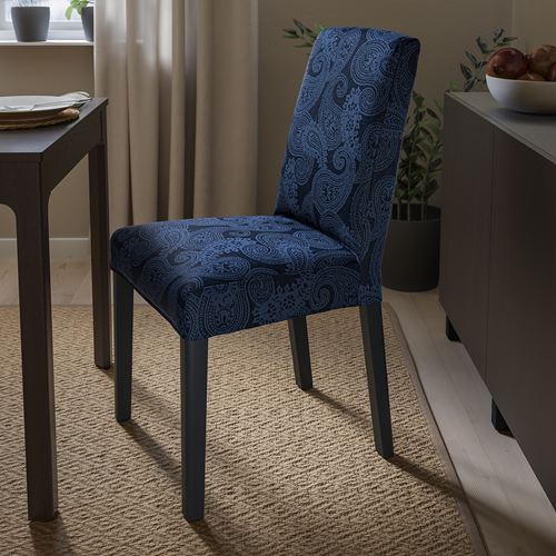 IKEA - BERGMUND, upholstered wooden chair, black/Kvillsfors dark blue