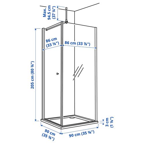 IKEA - OPPEJEN/FOTINGEN, duşakabin, beyaz-cam, 90x90x205 cm