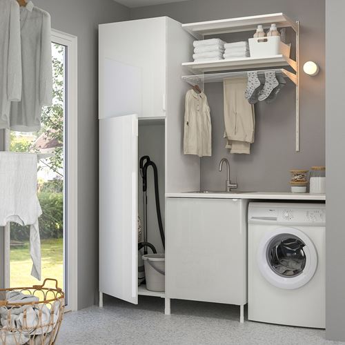 IKEA - ENHET, cabinet combination for laundry room and bathroom, white-high gloss white, 183x63.5x222.5 cm