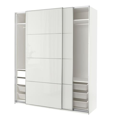 IKEA - PAX/HOKKSUND, PAX sliding door wardrobe, white/high-gloss light grey, 200x66x236 cm