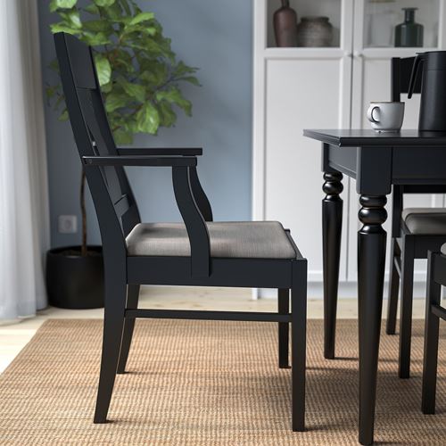 IKEA - INGATORP, wooden chair with armrests, black-Nolhaga grey-beige