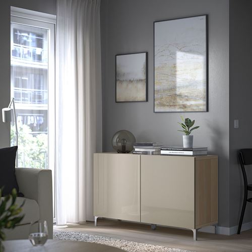 IKEA - BESTA, storage combination, white stained oak effect/high-gloss/beige, 120x40x74 cm