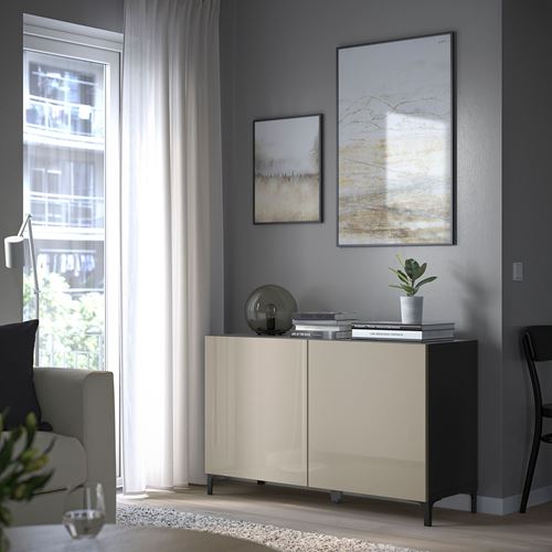 IKEA - BESTA, storage combination, black-brown/high-gloss/beige, 120x42x74 cm