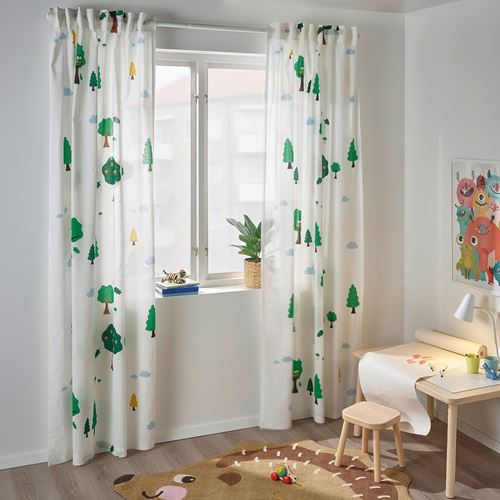 IKEA - BRUMMIG, curtains, 1 pair, white/patterned, 120x300 cm