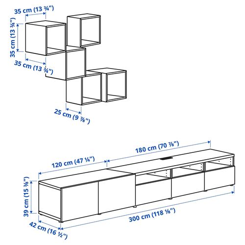 IKEA - BESTA/EKET, tv storage unit, white/light grey/dark grey, 300x42x210 cm