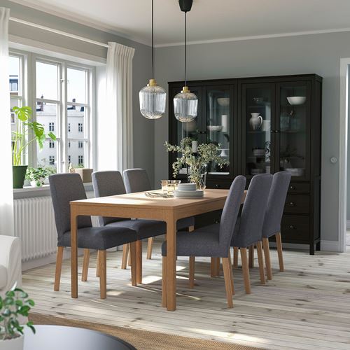 IKEA - EKEDALEN/BERGMUND, dining set, oak appearance-medium grey, 6 chairs