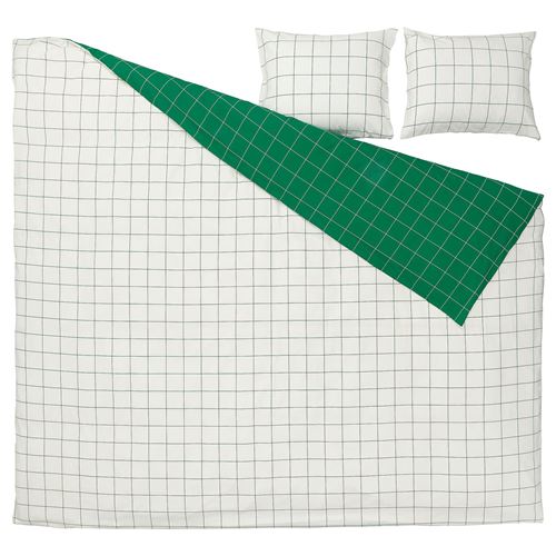 IKEA - VITKLOVER, double quilt cover and 2 pillowcases, white/green, 240x220/50x60 cm