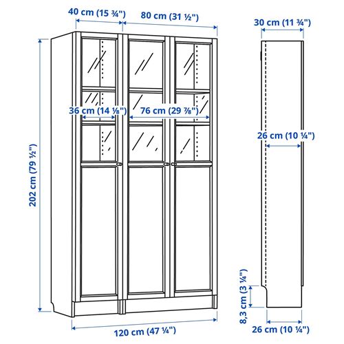 IKEA - BILLY, bookcase with glass/panel doors, white, 120x30x202 cm