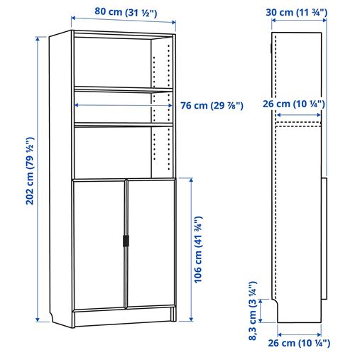 IKEA - BILLY, bookcase with half panel, white, 80x30x202 cm