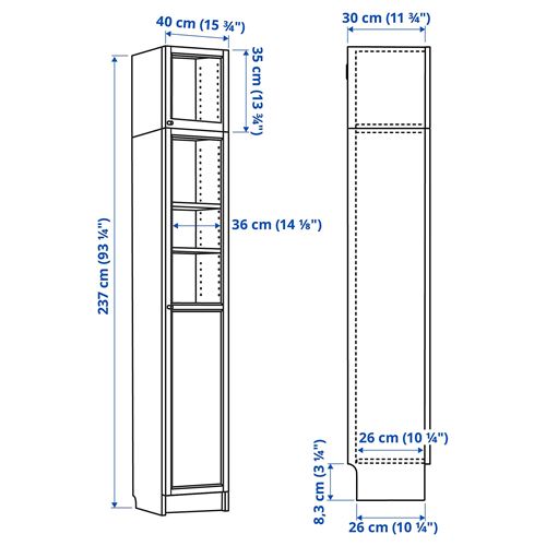 IKEA - BILLY, bookcase with glass/panel doors, white, 40x30x237 cm